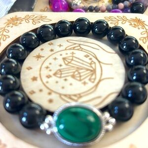 0160B Black Obsidian with Malachite Charm Bracelet 10mm High Grade